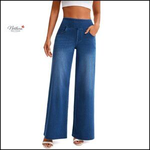 Wide Leg Jeans High Waisted Pull On Stretchy Elastic Waist